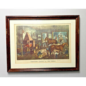 Vtg Currier & Ives Trotting Cracks At The Forge Framed Litho Print Glass Wood #